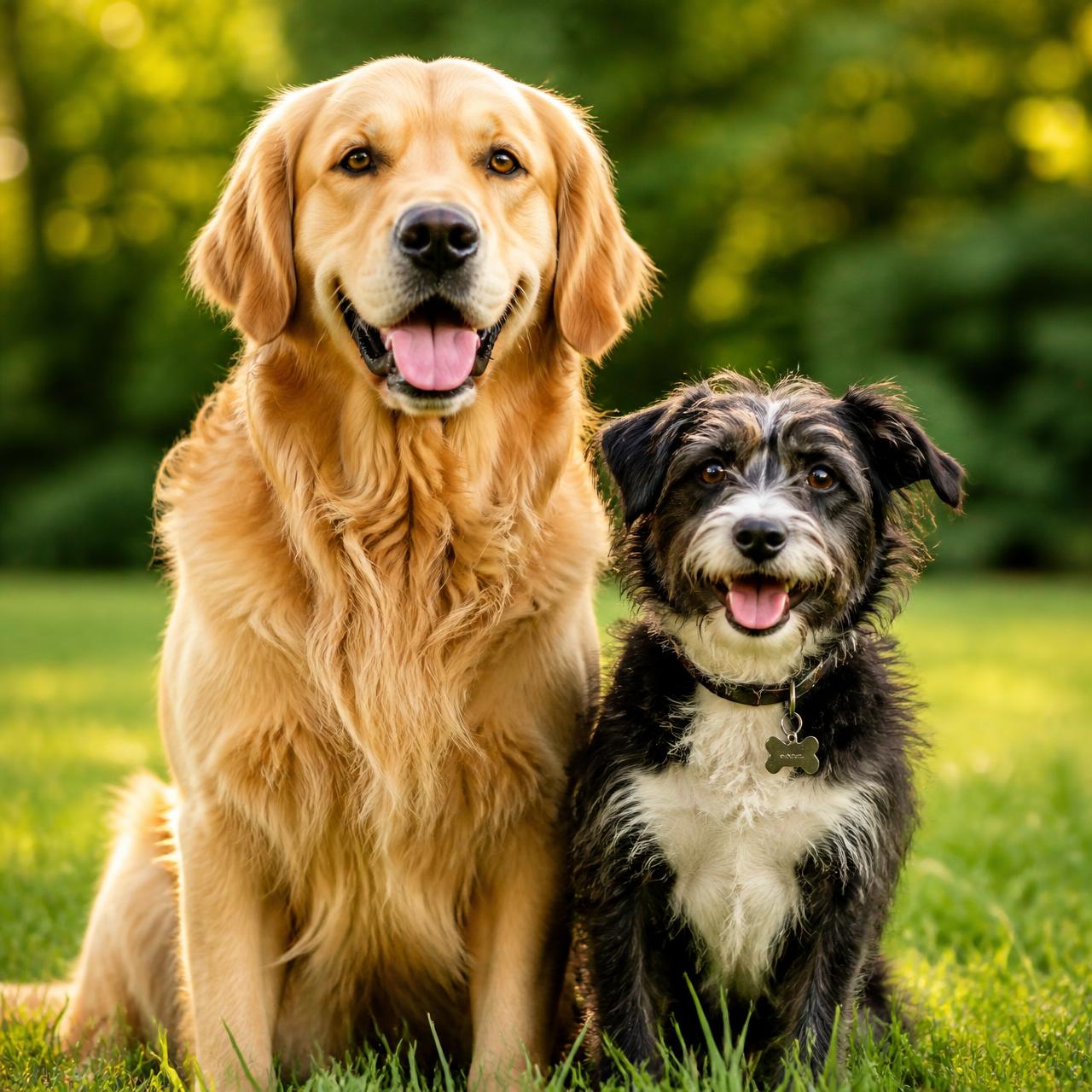 A golden retriever and a small scruffy black-and-white dog sitting together in sunlit grass