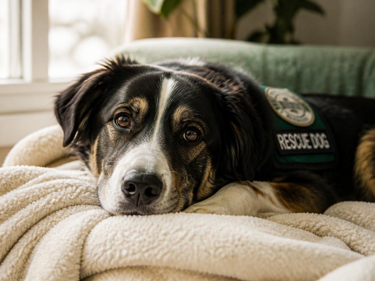 A calm black and tan rescue dog resting on a cream blanket in soft window light